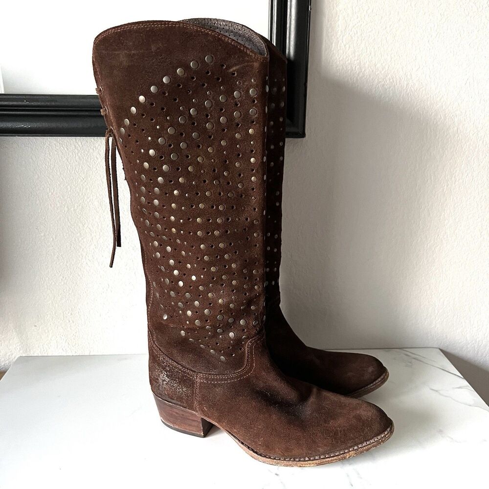 Womens Frye Dark Brown Suede Tall Studded Pull On Knee High Boots Shoes Size 8 M